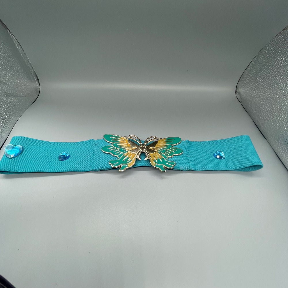 Vintage Turquoise Elastic Cinch Belt Butterfly Enamel Buckle Blue Heart Gems